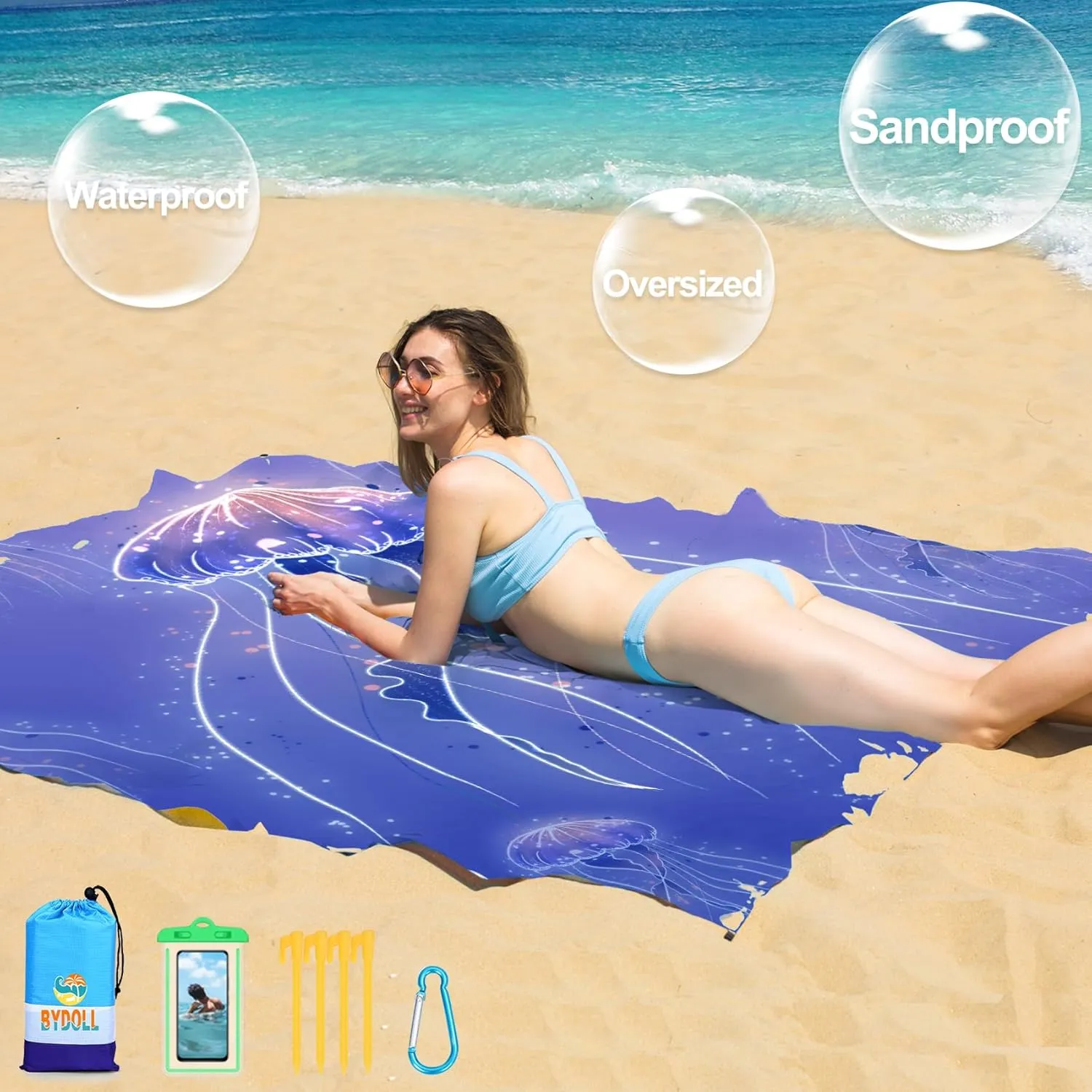 BYDOLL Beach Blanket 78''X81'' 4-7 Adults Oversized Lightweight Waterproof Sandproof Blanket for Beach Large Picnic Mat Travel Camping