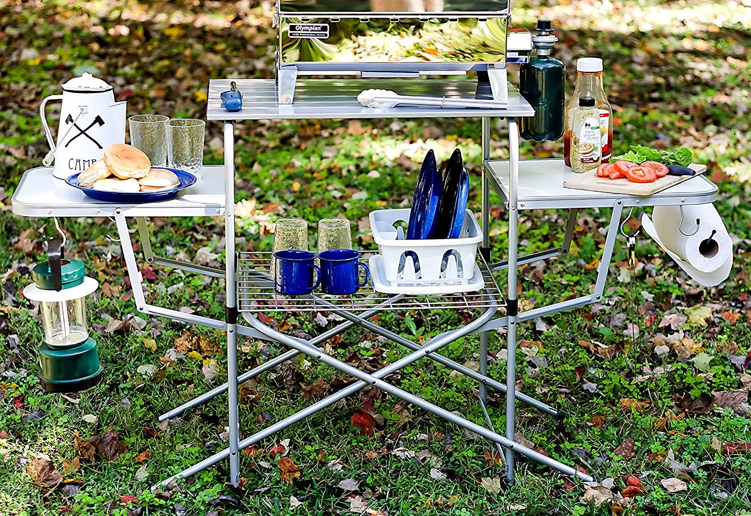 Camco Deluxe Folding Grill Table, Great for Picnics, Tailgating, Camping, Rving and Backyards; Quick Set-Up and Folds down to Only 6 Inches Tall for Convenient Storage (57293)