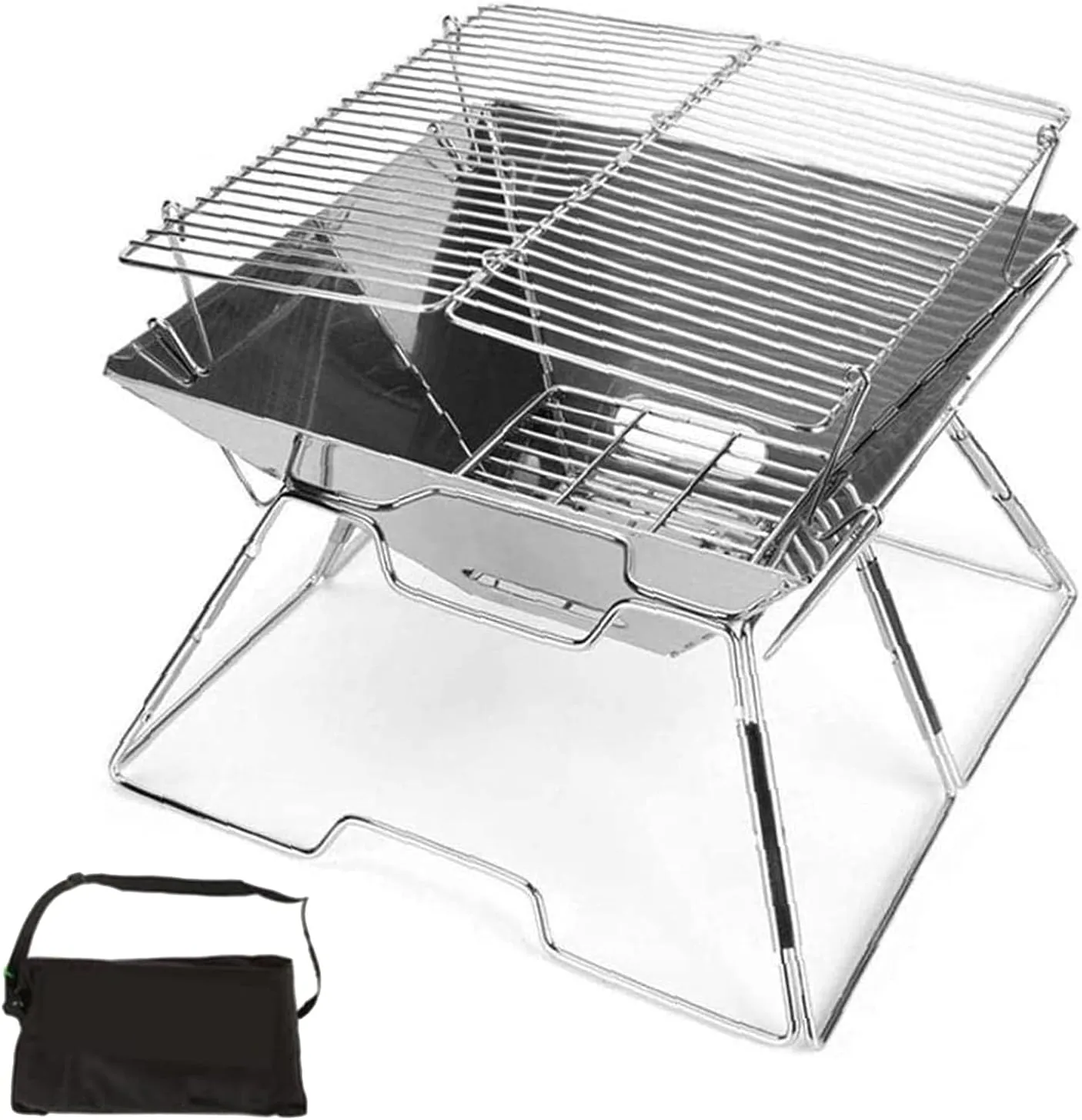 Campfire Grill Folded Charcoal BBQ Grill Stainless Steel Camping Fire Pit Heavy Duty Portable Camping Grill Grill with Carrying Bag for Outdoor Picnic Patio Backyard Camp, Without Box