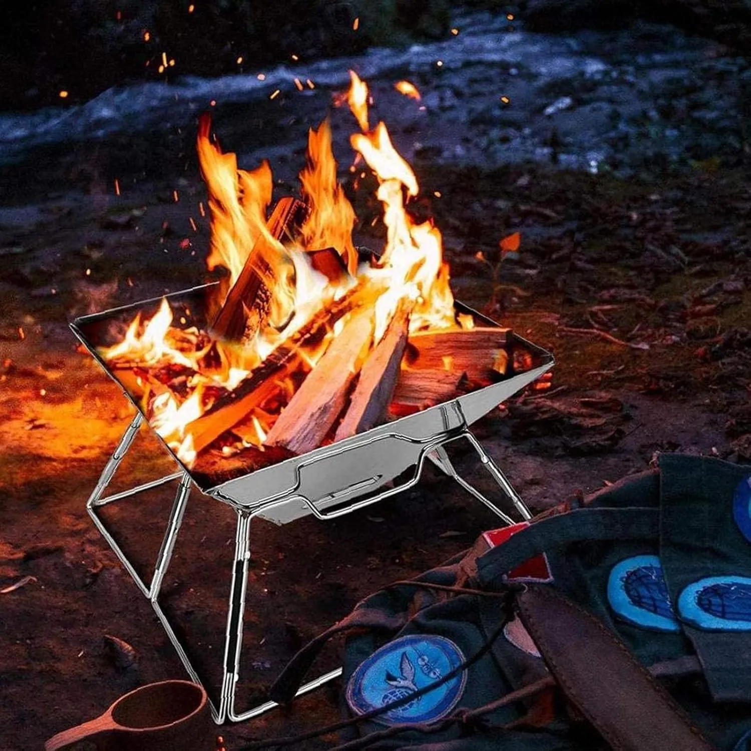 Campfire Grill Folded Charcoal BBQ Grill Stainless Steel Camping Fire Pit Heavy Duty Portable Camping Grill Grill with Carrying Bag for Outdoor Picnic Patio Backyard Camp, Without Box