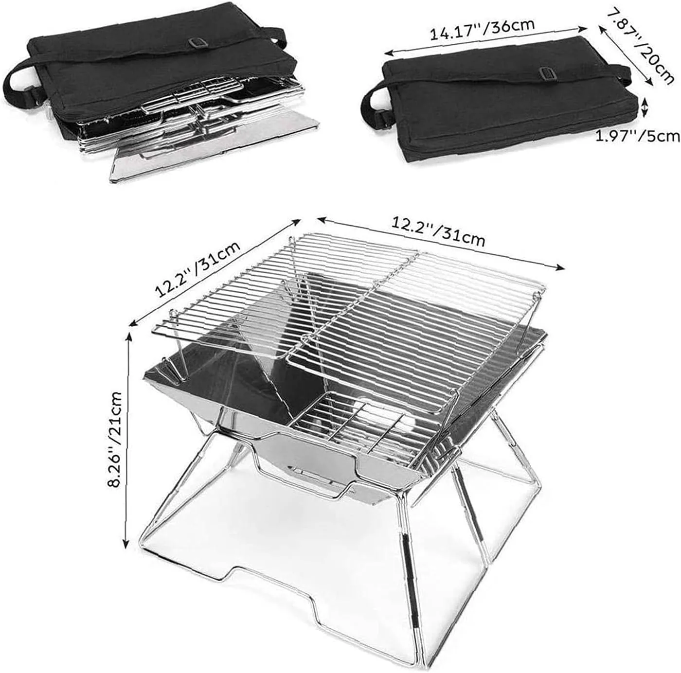 Campfire Grill Folded Charcoal BBQ Grill Stainless Steel Camping Fire Pit Heavy Duty Portable Camping Grill Grill with Carrying Bag for Outdoor Picnic Patio Backyard Camp, Without Box
