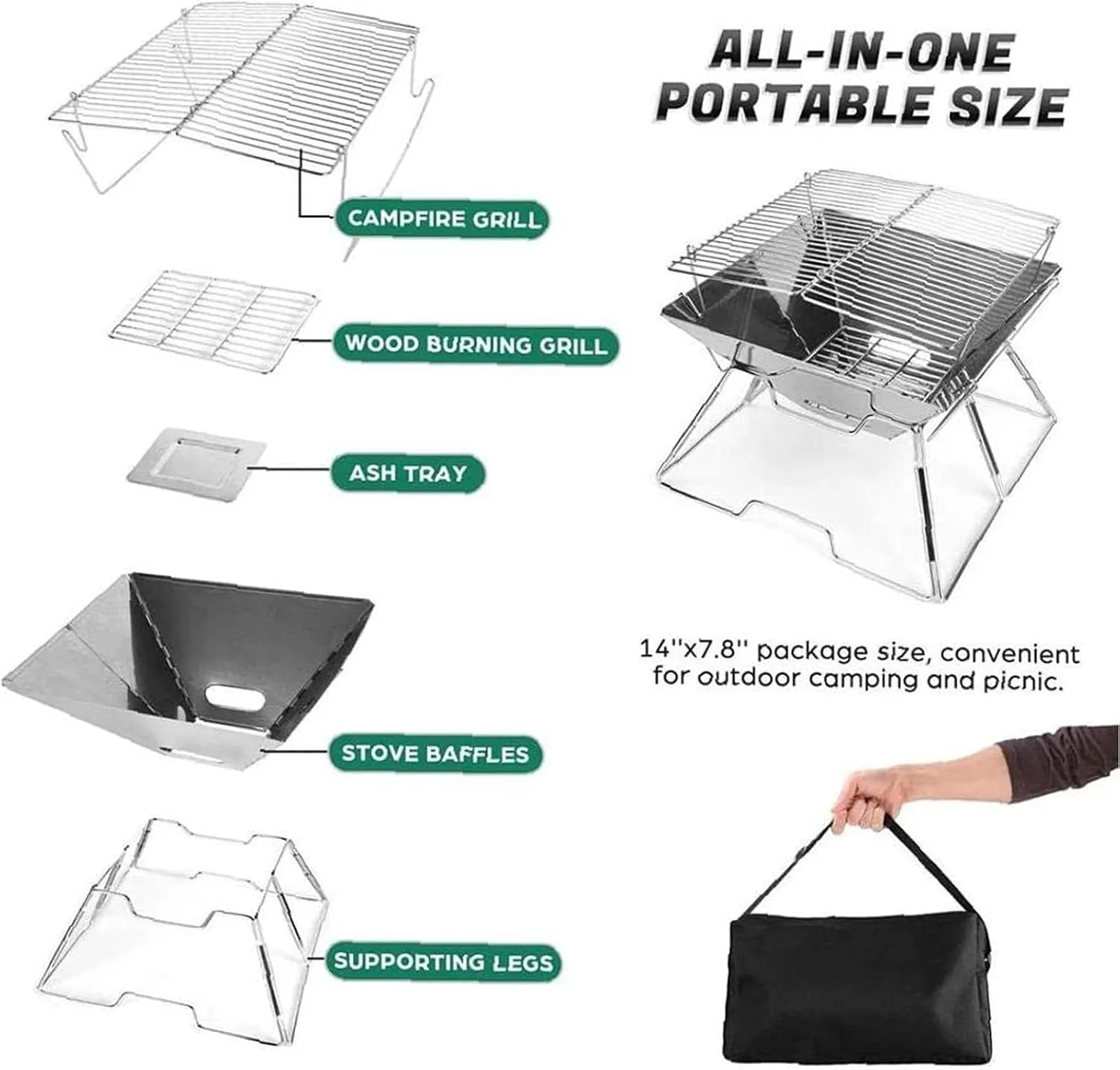 Campfire Grill Folded Charcoal BBQ Grill Stainless Steel Camping Fire Pit Heavy Duty Portable Camping Grill Grill with Carrying Bag for Outdoor Picnic Patio Backyard Camp, Without Box