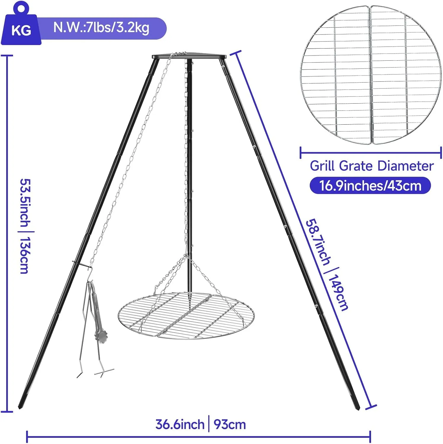 Campfire Tripod Grill, Cooking Grate with Adjustable Height for Cooking Over Fire & Collapsible Legs for Easy Storage