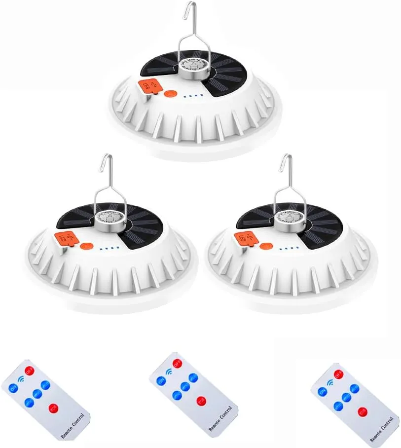 Camping 120 LED Tent Solar Lantern Lights 6000LM 5 Mode USB Rechargeable Remote Control Portable Light Tent Hanging Hook Flashlight Outdoor Fishing Emergency Courtyard Garden 3 Pack