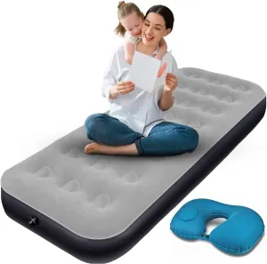 Camping Air Mattress Air Bed with Inflatable U-Shaped Pillow Single Air Mattress Blow Up Bed Thicken Air Mattresses Sleeping Pad for Camping Tent Car Travel Home Office ( Grey)