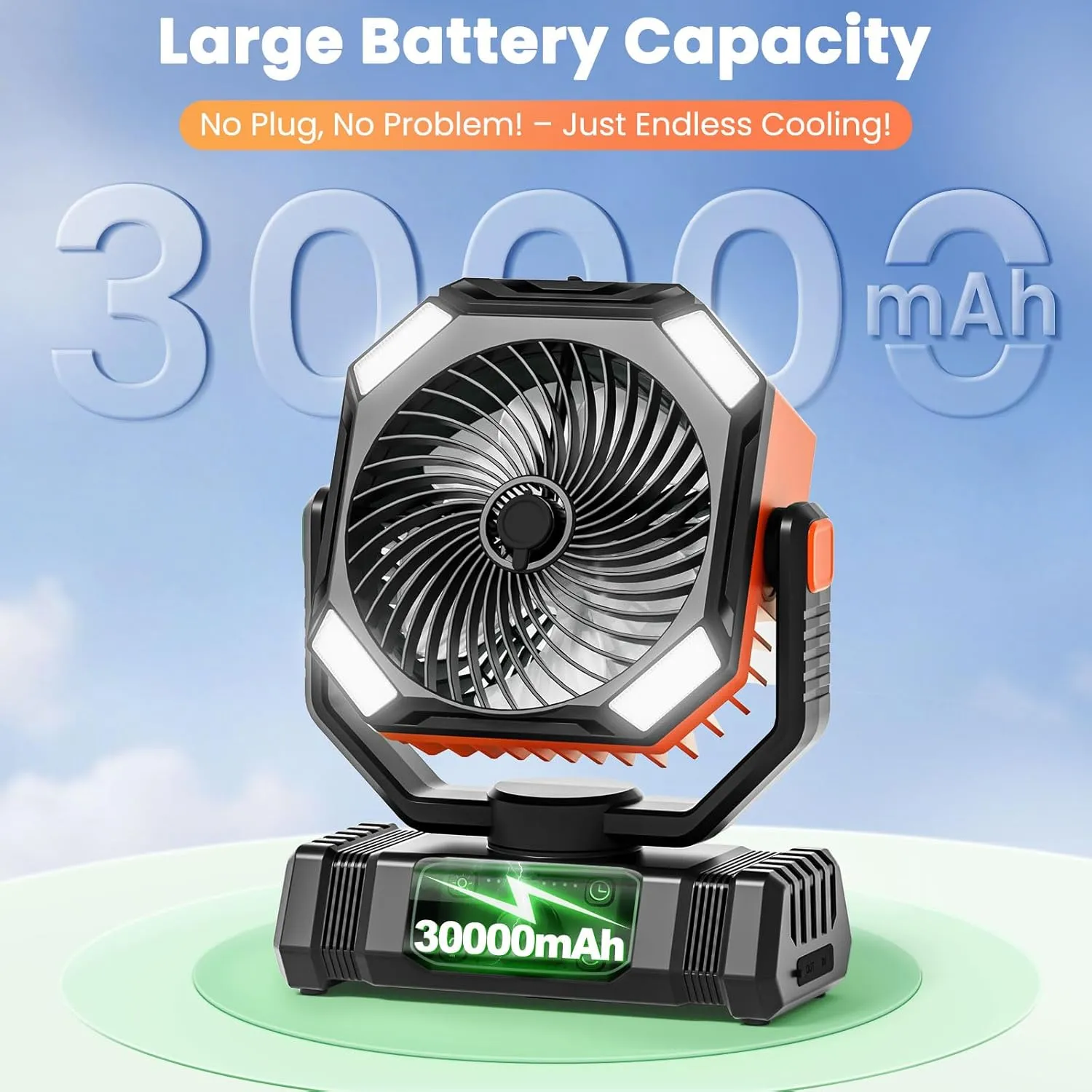 Camping Fan Rechargeable - 30000mAh Battery Powered Misting Fan for Outdoor Beach Tent - Portable Battery Operated Tent Air Conditioner for Camping - Glamping Essentials