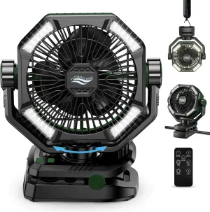 Camping Fan with Dual Motor, 20000mAh Clip On with Digital Display, 9-Inch Portable Battery Operated with LED Lantern, Tent Fan for Camping with Remote, 5 Speeds, 4 Timing, Outdoor Green