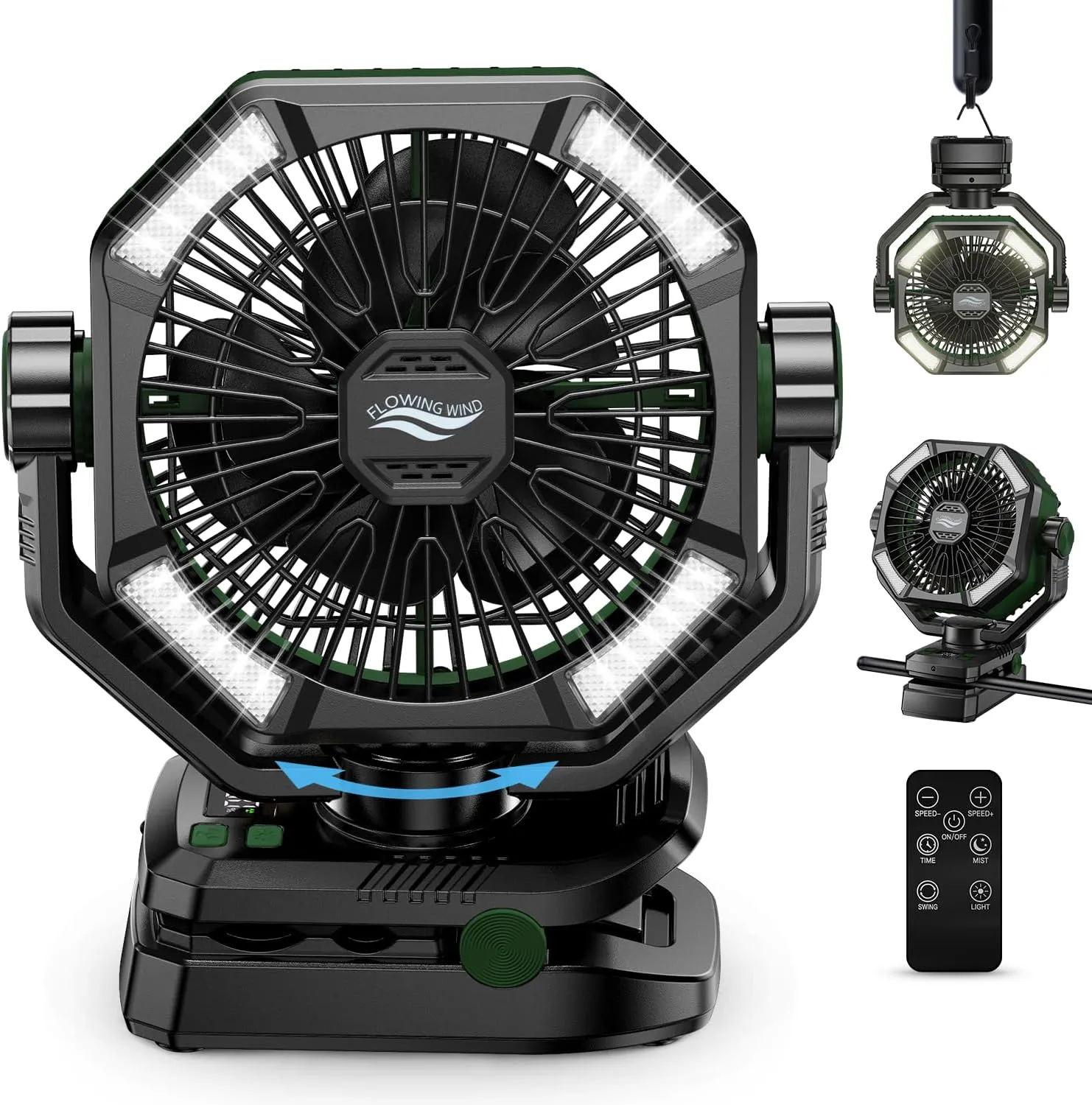 Camping Fan with Dual Motor, 20000mAh Clip On with Digital Display, 9-Inch Portable Battery Operated with LED Lantern, Tent Fan for Camping with Remote, 5 Speeds, 4 Timing, Outdoor Green