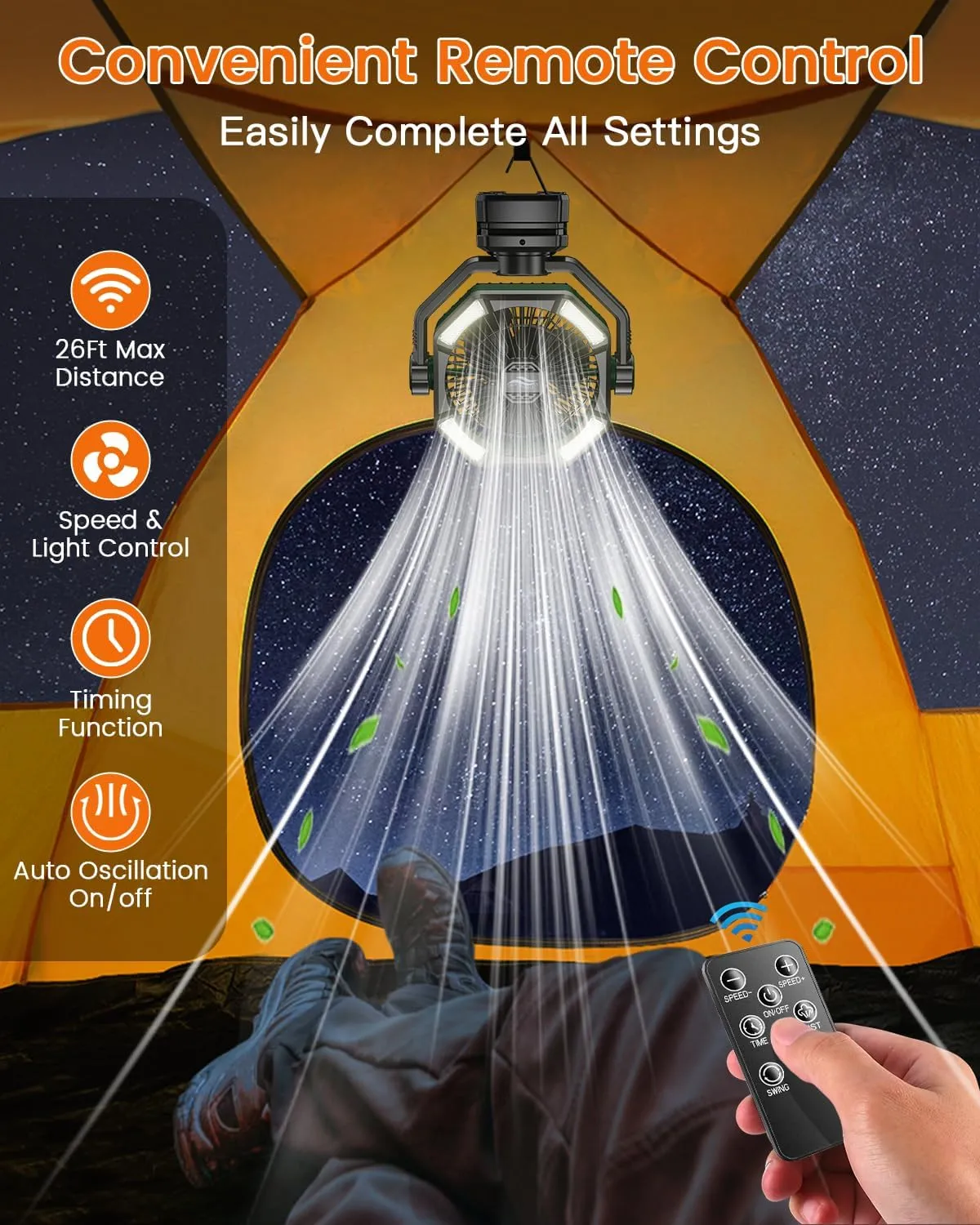 Camping Fan with Dual Motor, 20000mAh Clip On with Digital Display, 9-Inch Portable Battery Operated with LED Lantern, Tent Fan for Camping with Remote, 5 Speeds, 4 Timing, Outdoor Green