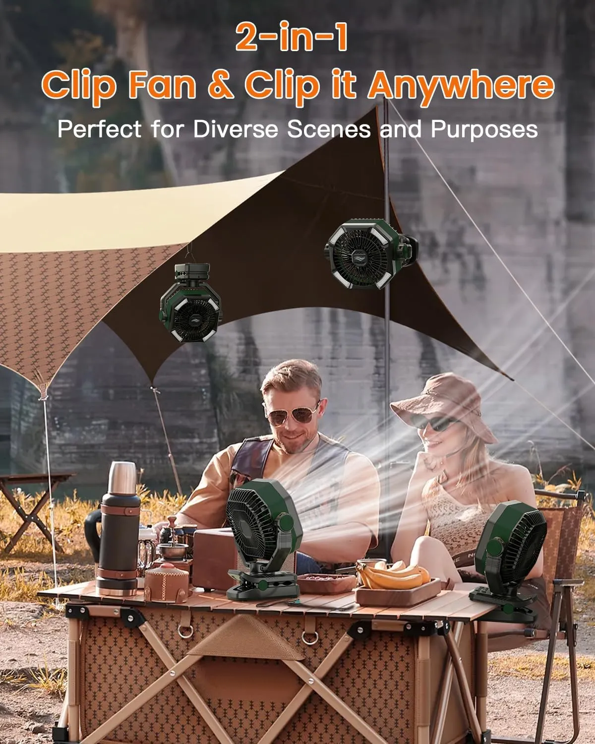 Camping Fan with Dual Motor, 20000mAh Clip On with Digital Display, 9-Inch Portable Battery Operated with LED Lantern, Tent Fan for Camping with Remote, 5 Speeds, 4 Timing, Outdoor Green