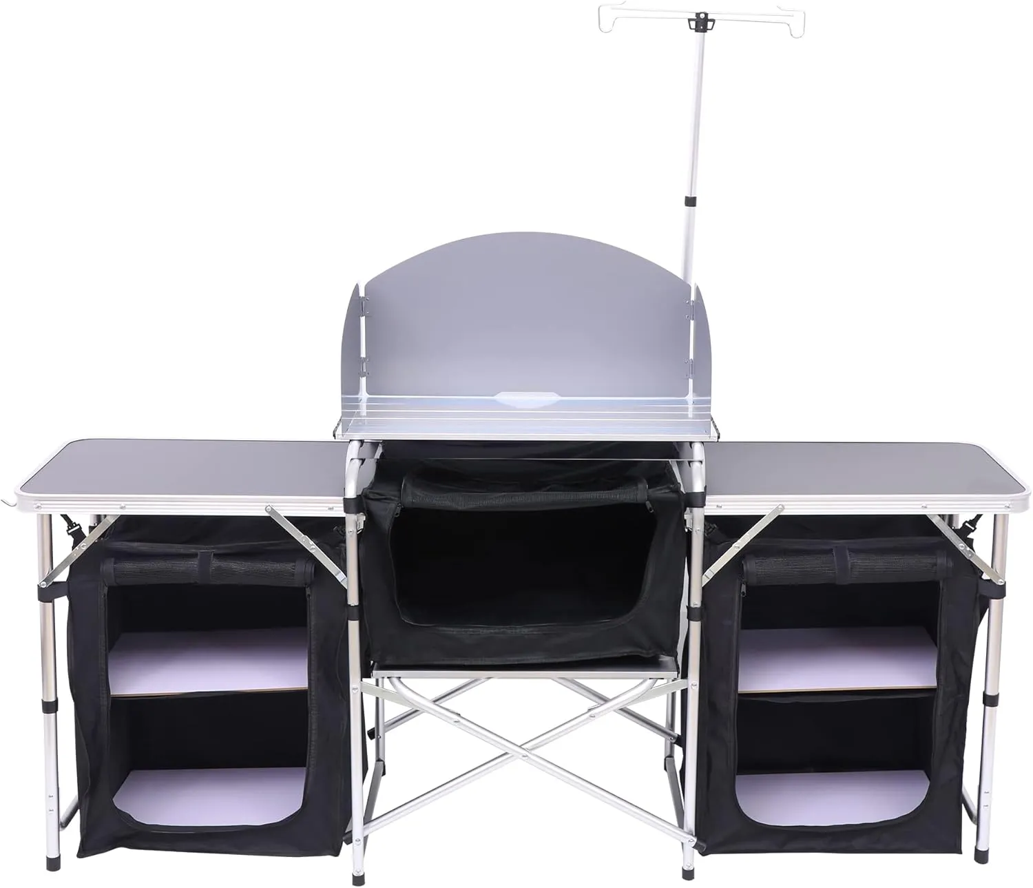 Camping Kitchen Table, Camping Table with Storage, Outdoor Cook Station, Portable, Foldable with Light Stand, for Grill, Camp and Outdoor (Silver)