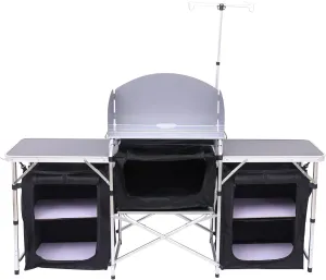 Camping Kitchen Table, Camping Table with Storage, Outdoor Cook Station, Portable, Foldable with Light Stand, for Grill, Camp and Outdoor (Silver)