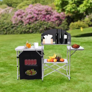 Camping Kitchen Table, Portable Outdoor Cooking Table with Storage, Folding Grill Table with 26'' Tabletop&Detachable Windscreen, Camp Cook Station for Tailgating BBQ Picnic Beach RV