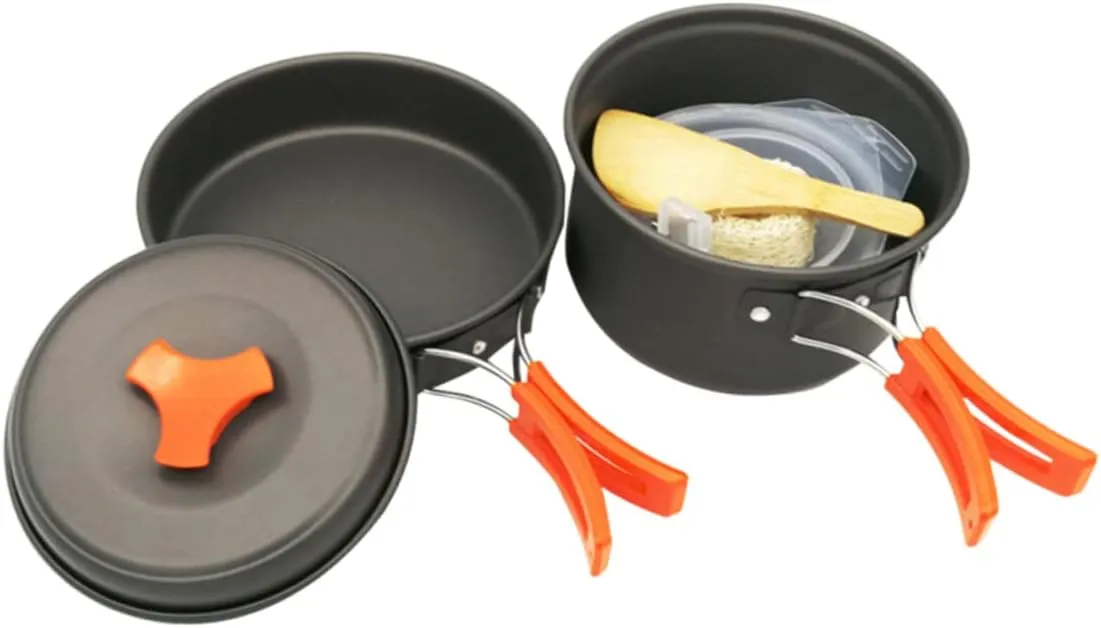 Camping Pot Set 8pc Lightweight Aluminum Cookware Outdoor Cooking Pan Bowl Cutlery Set for 1-2 Person Trips