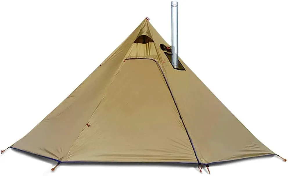 Camping Pyramid Tents with Hearth Hole Windows, 4 Season Outdoor Camping Family Teepee Canvas Tent for 2-4 People