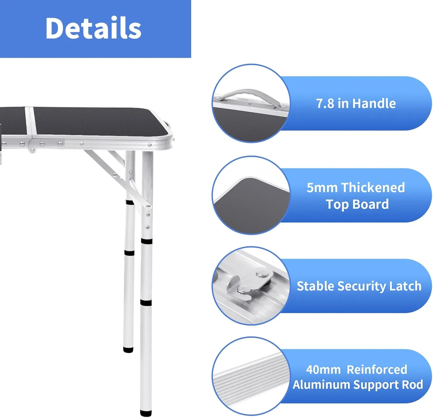 Camping Table 4 Height Adjustable Small Folding Table 2FT Foldable Portable Picnic Table Metal Aluminum Outdoor for Beach BBQ RV Black 23.6×15.7 inch