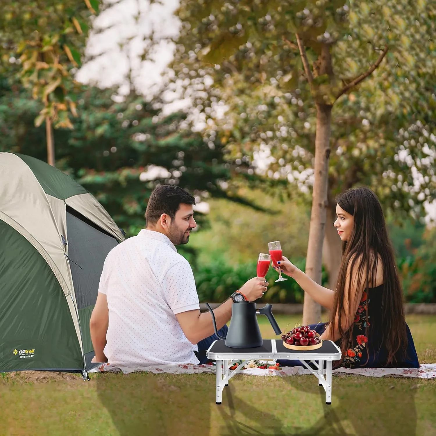 Camping Table 4 Height Adjustable Small Folding Table 2FT Foldable Portable Picnic Table Metal Aluminum Outdoor for Beach BBQ RV Black 23.6×15.7 inch