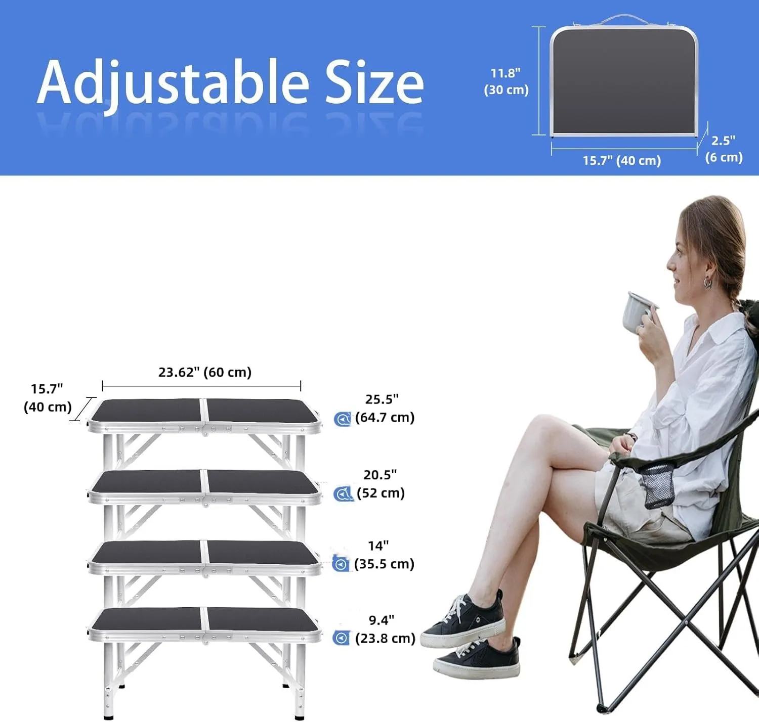 Camping Table 4 Height Adjustable Small Folding Table 2FT Foldable Portable Picnic Table Metal Aluminum Outdoor for Beach BBQ RV Black 23.6×15.7 inch