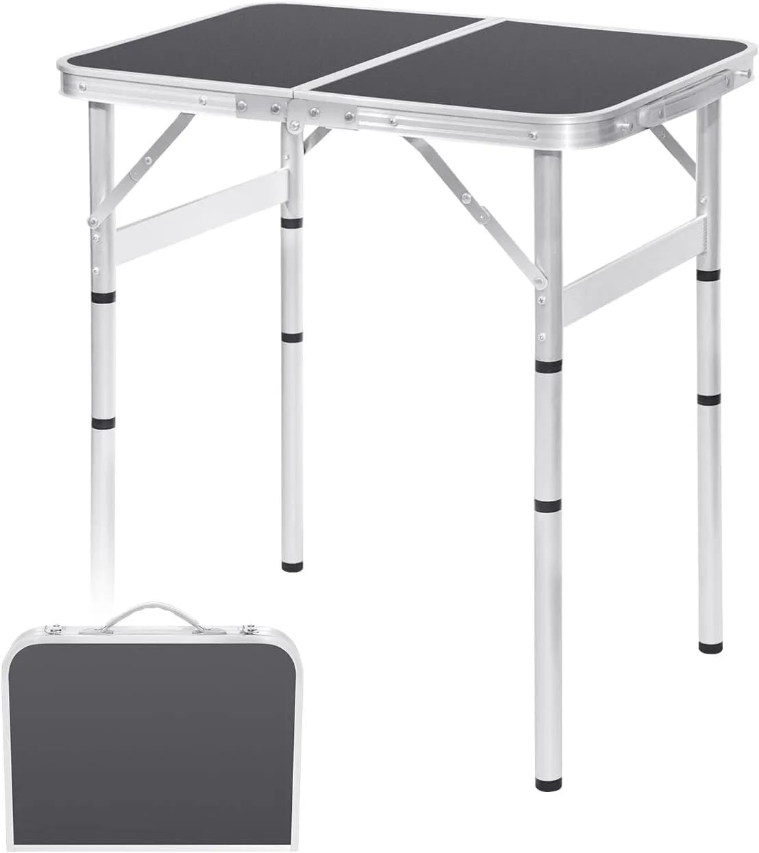 Camping Table 4 Height Adjustable Small Folding Table 2FT Foldable Portable Picnic Table Metal Aluminum Outdoor for Beach BBQ RV Black 23.6×15.7 inch