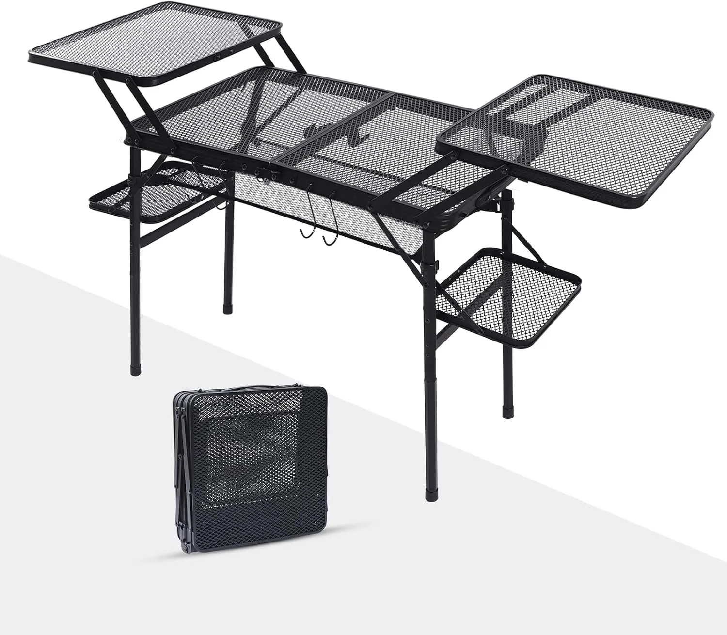 Camping Table, Folding Camping Table, 4.8 FT Grill Table, Camping Grill Table, with Mesh Tabletop, Height Adjustable with Four Side Tables & Hangers for Camping