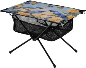 Camping Table Lightweight Portable Folding Table with Mesh Storage Net Flower Cobalt-Blue Feathered Birds Ideal for Camping Hiking Beach Picnic Travel Backyard