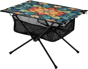 Camping Table Lightweight Portable Folding Table with Mesh Storage Net Flower Ethnic Style Floral Ideal for Camping Hiking Beach Picnic Travel Backyard