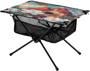 Camping Table Lightweight Portable Folding Table with Mesh Storage Net Flower Wooden House Plum Blossom Ideal for Camping Hiking Beach Picnic Travel Backyard