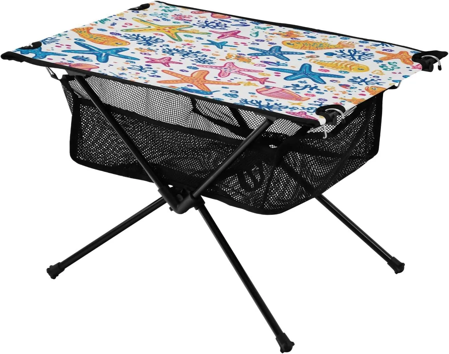 Camping Table Lightweight Portable Folding Table with Mesh Storage Net Ocean Themed Cartoon Fish Starfish Ideal for Camping Hiking Beach Picnic Travel Backyard