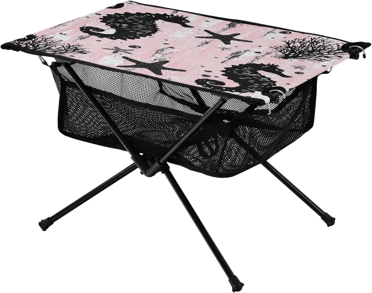 Camping Table Lightweight Portable Folding Table with Mesh Storage Net Ocean Themed Pink Seahorse Ideal for Camping Hiking Beach Picnic Travel Backyard