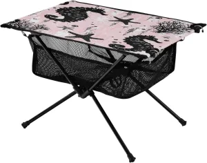 Camping Table Lightweight Portable Folding Table with Mesh Storage Net Ocean Themed Pink Seahorse Ideal for Camping Hiking Beach Picnic Travel Backyard