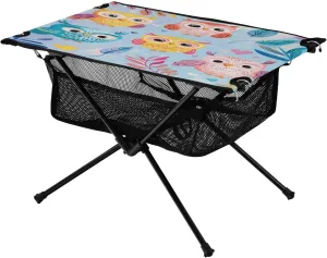 Camping Table Lightweight Portable Folding Table with Mesh Storage Net Owl Cartoon Ideal for Camping Hiking Beach Picnic Travel Backyard