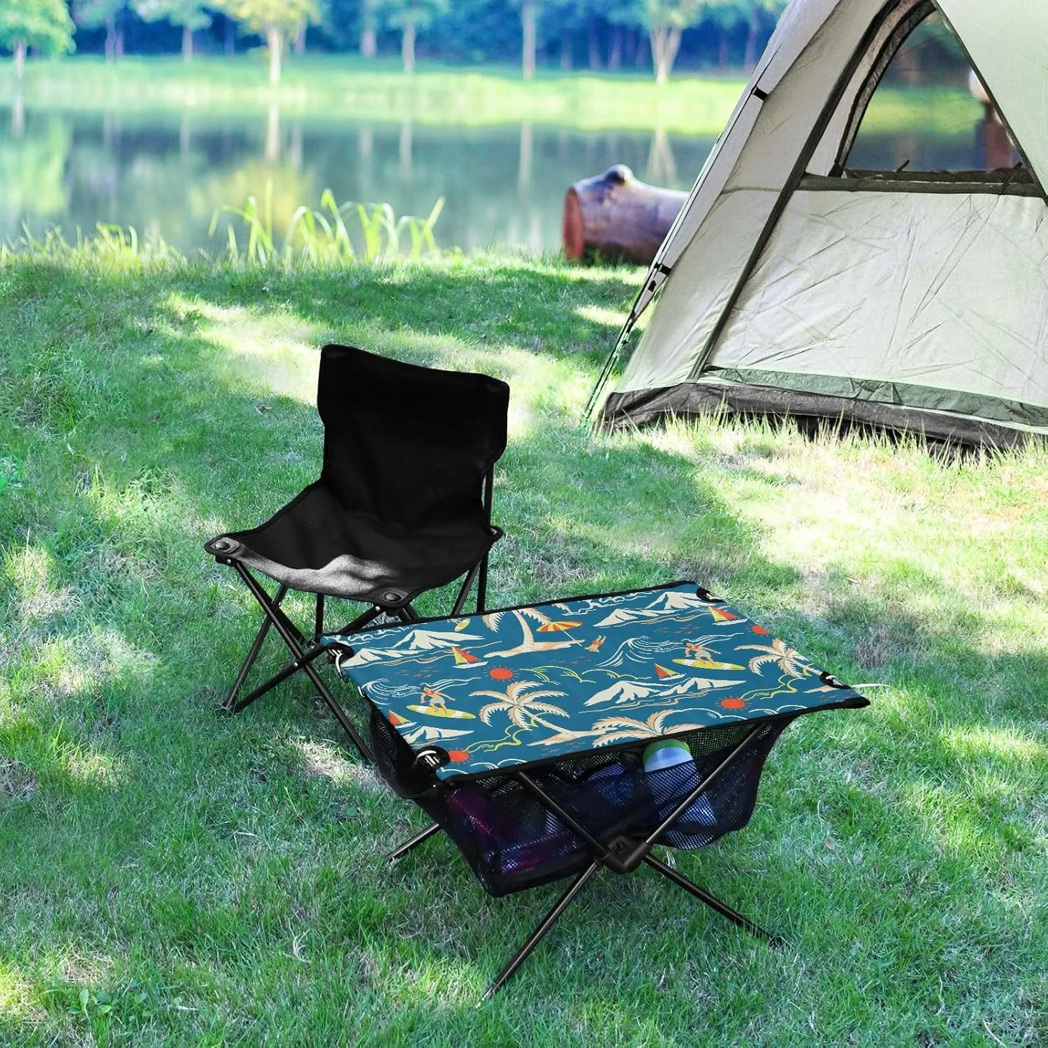 Camping Table Portable Outdoor Folding Table with Storage Mesh for Hiking Picnics BBQ Cooking Dining Kitchen Backpacking Blue Tropical Island