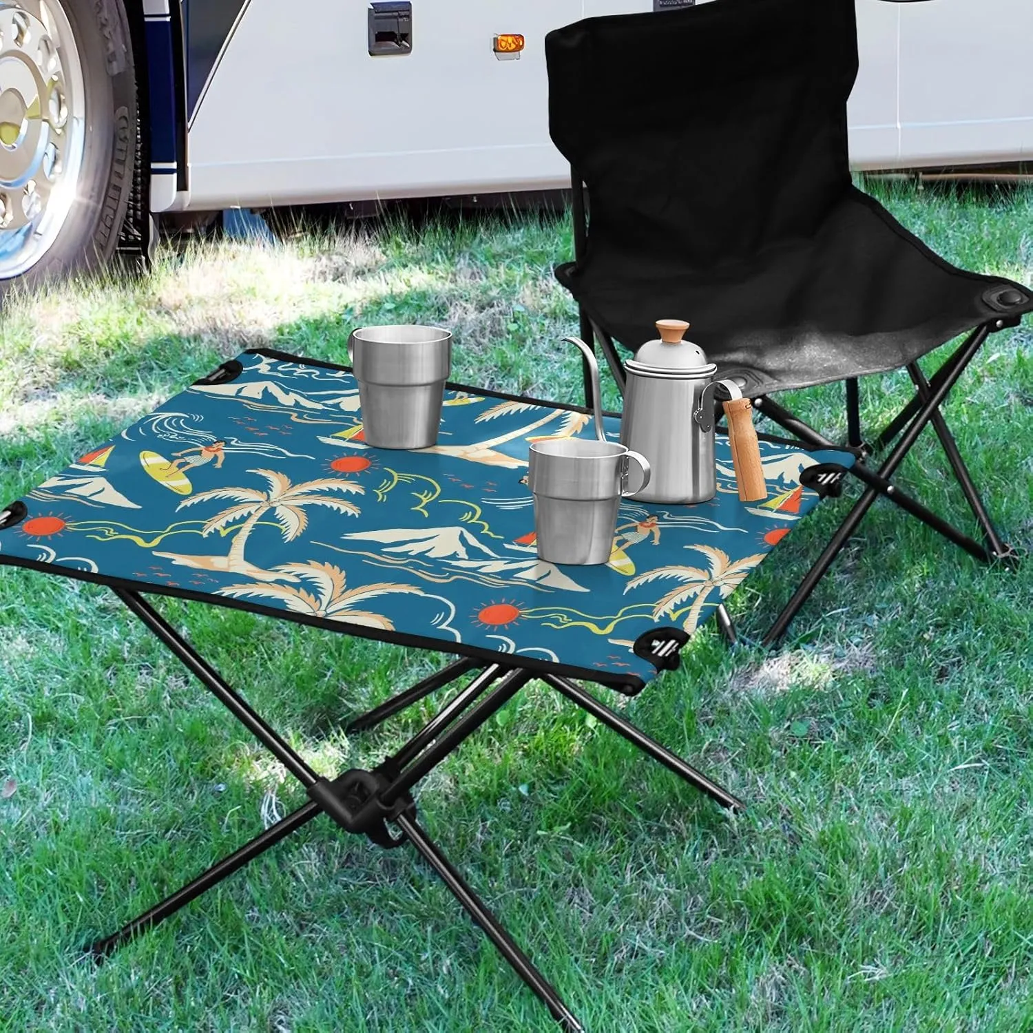 Camping Table Portable Outdoor Folding Table with Storage Mesh for Hiking Picnics BBQ Cooking Dining Kitchen Backpacking Blue Tropical Island