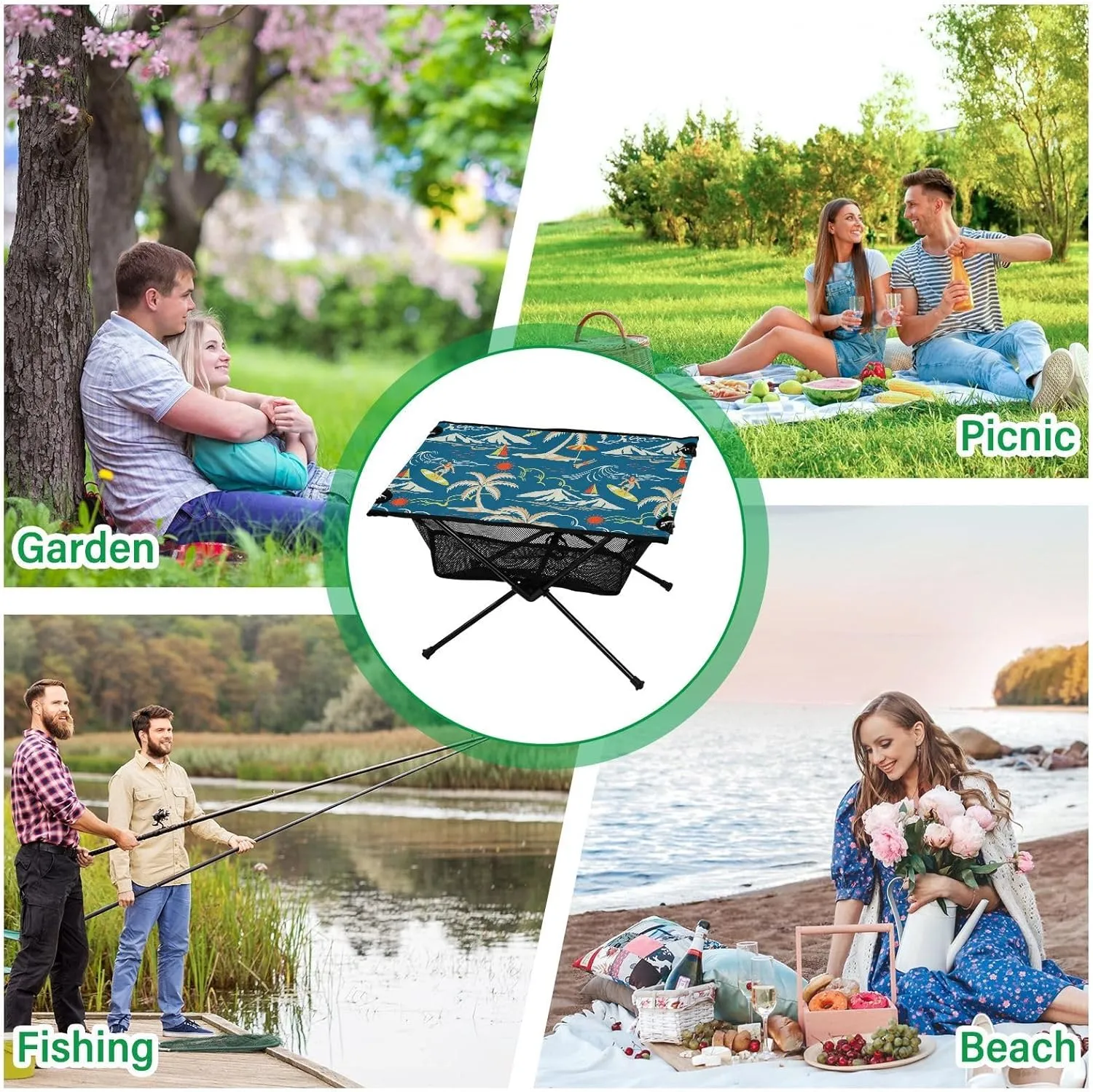 Camping Table Portable Outdoor Folding Table with Storage Mesh for Hiking Picnics BBQ Cooking Dining Kitchen Backpacking Blue Tropical Island