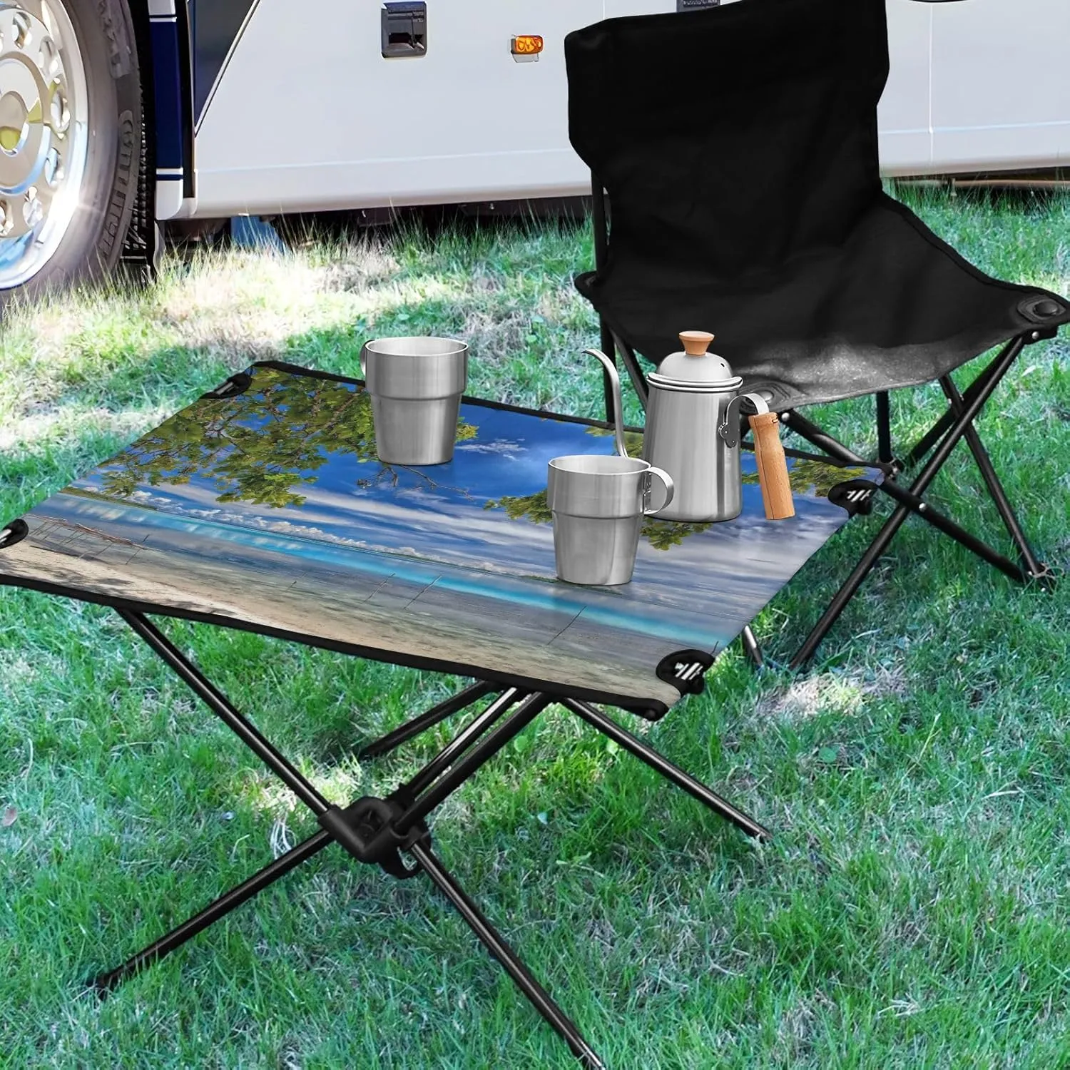 Camping Table Portable Outdoor Folding Table with Storage Mesh for Hiking Picnics BBQ Cooking Dining Kitchen Backpacking Landscape