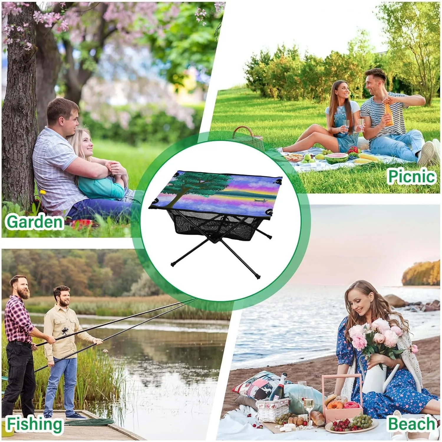 Camping Table Portable Outdoor Folding Table with Storage Mesh for Hiking Picnics BBQ Cooking Dining Kitchen Backpacking Purple Landscape