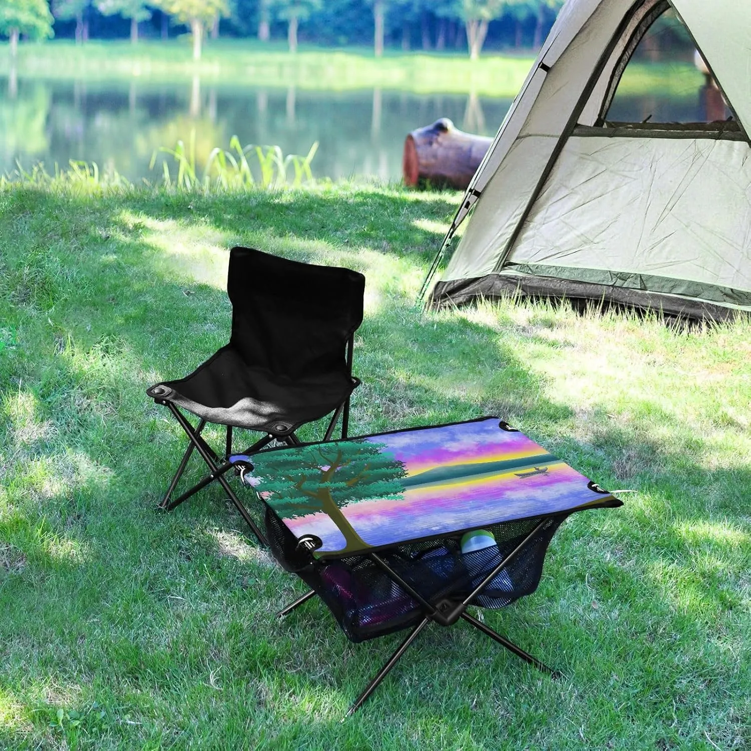 Camping Table Portable Outdoor Folding Table with Storage Mesh for Hiking Picnics BBQ Cooking Dining Kitchen Backpacking Purple Landscape