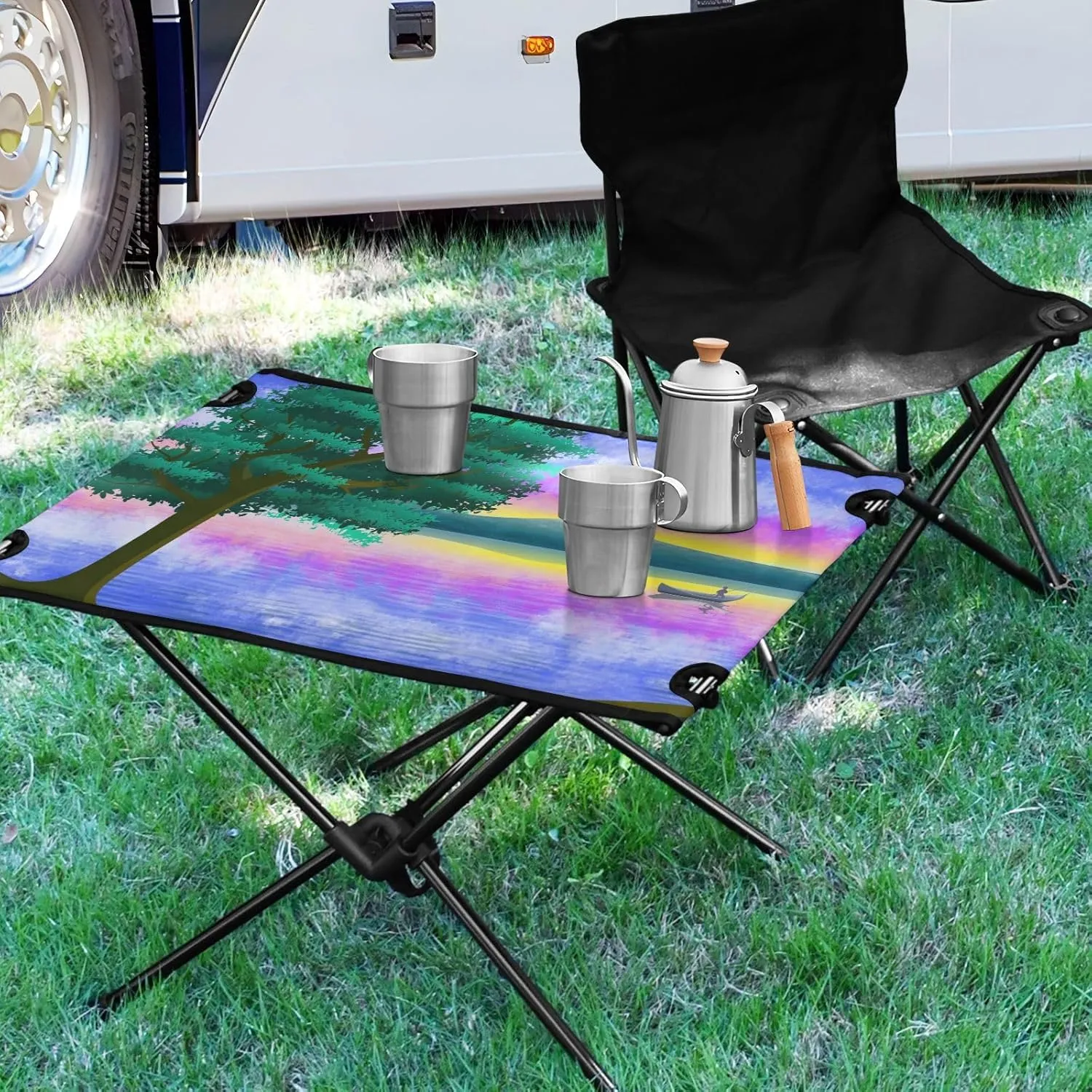 Camping Table Portable Outdoor Folding Table with Storage Mesh for Hiking Picnics BBQ Cooking Dining Kitchen Backpacking Purple Landscape