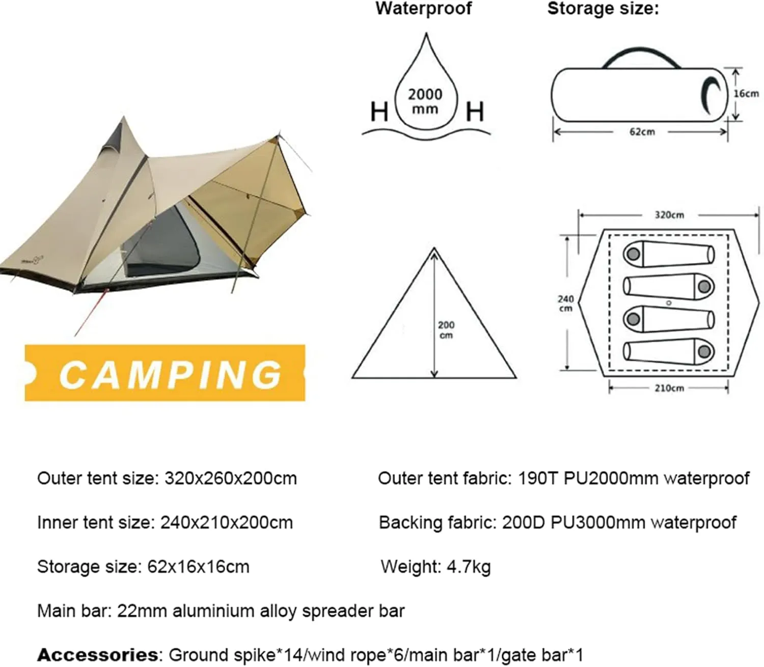 Camping Teepee Tent Yurt Tent with Screen 4 Season Double Layers Waterproof Anti-UV Windproof Tents for Outdoor Camping Hiking Hunting 3-4 Person