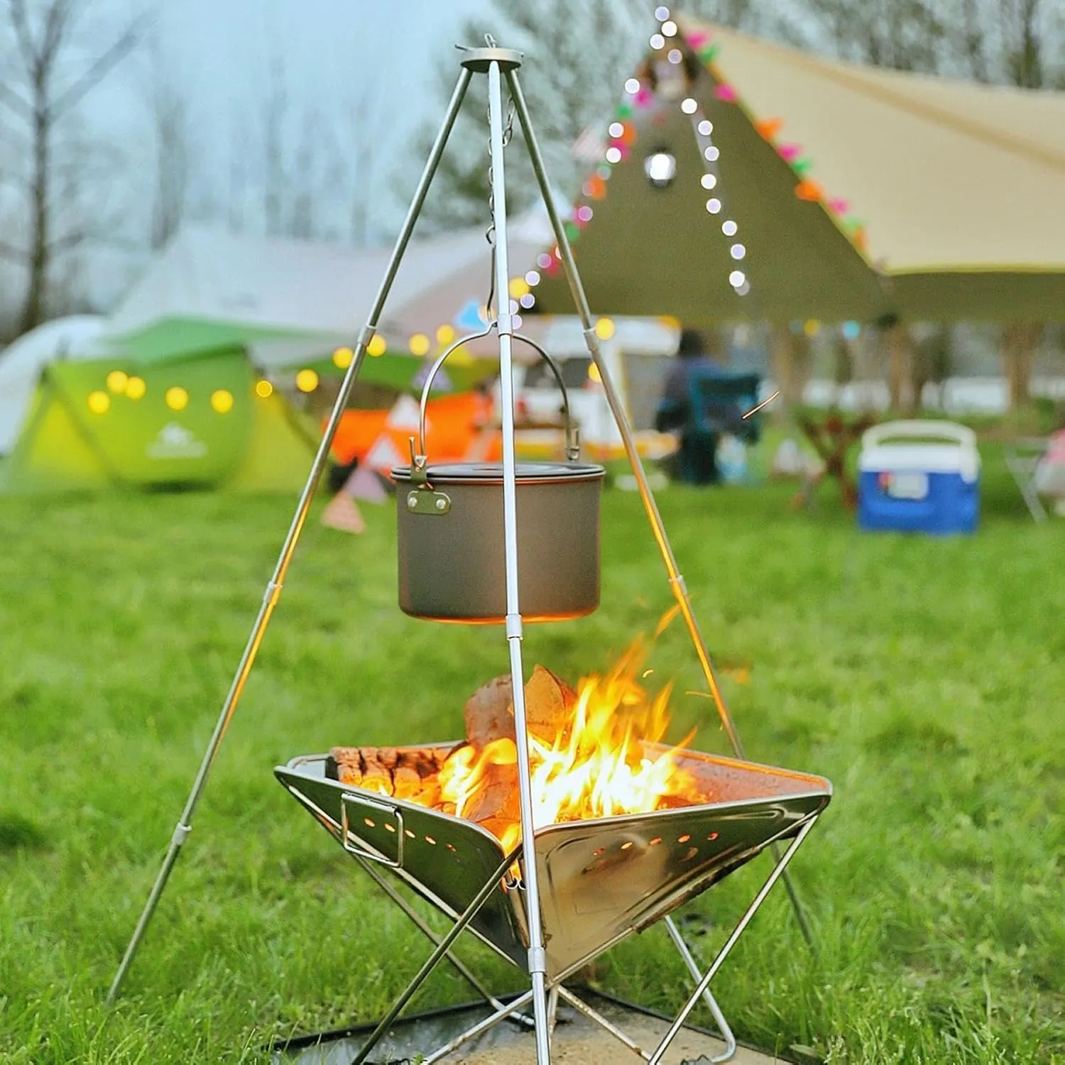 Camping Tripod Stove - Portable tripods Cooker, Campfire tri pod Grill | Tris pods Grills Lantern Hangers Grate with Adjustable Height for Cooking Over Fires, Easy Storage Lanterns Hanging