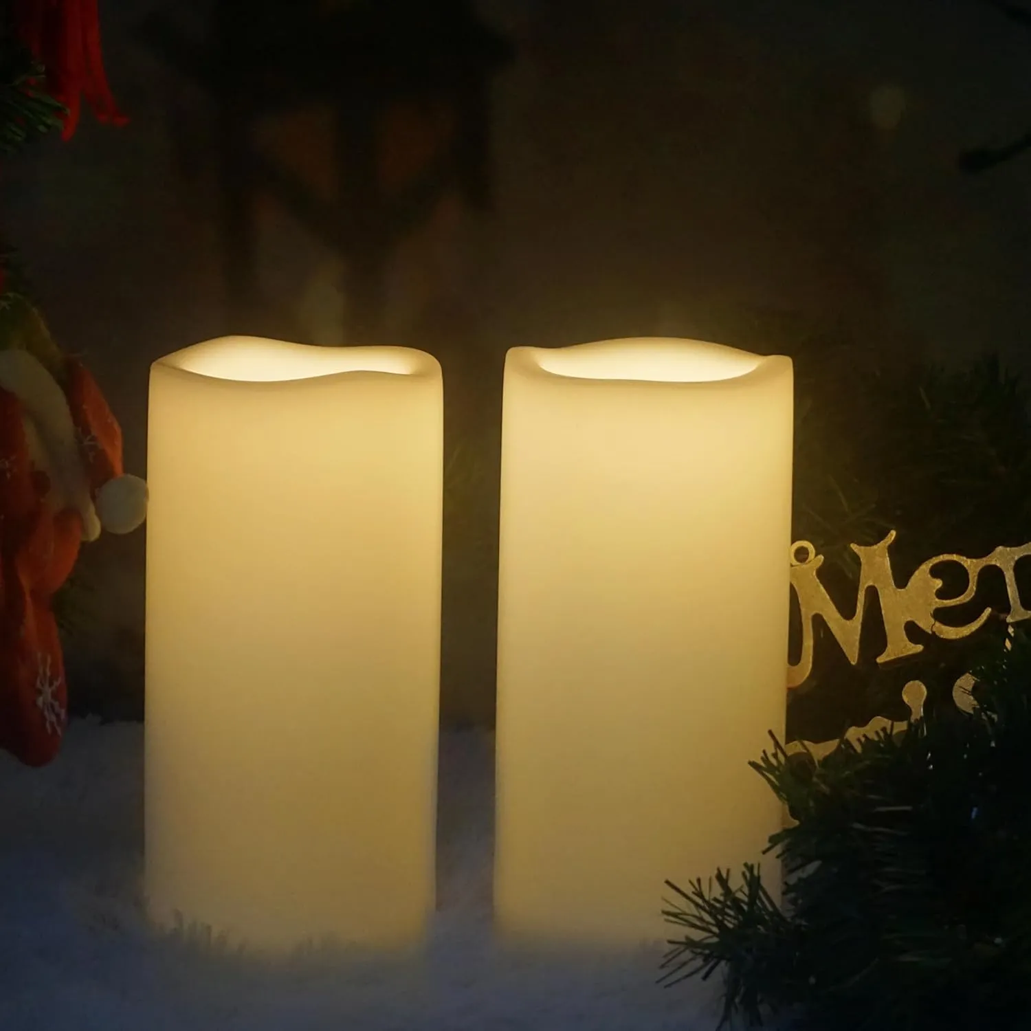 CANDLE CHOICE Large Waterproof Outdoor Battery Operated Flameless Candles Remote Timer Big Ivory Plastic Bright Flickering Electric LED Pillars Lantern Patio Garden Wedding Decoration 4”(D)x8”(H) 2PCS