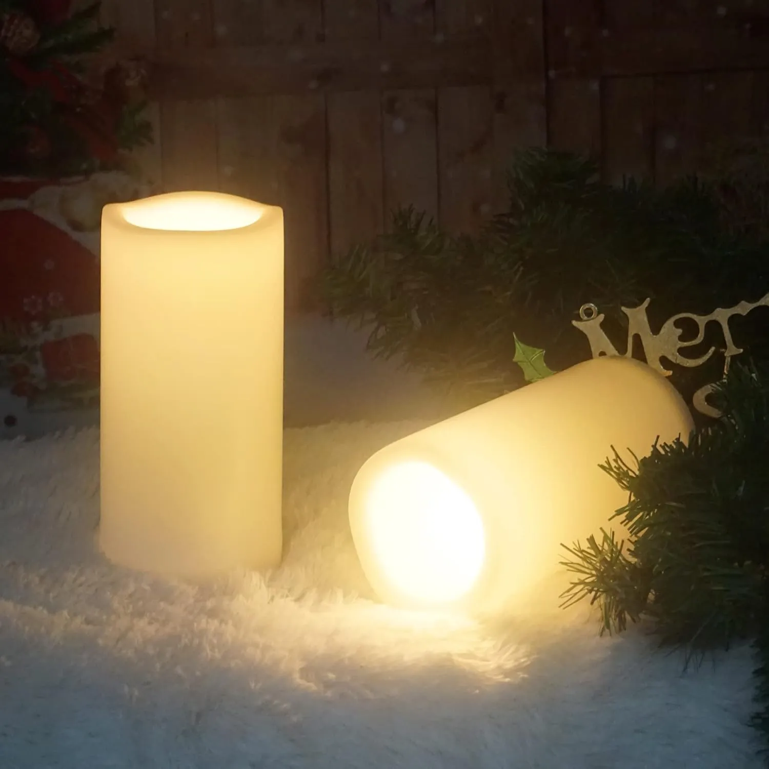 CANDLE CHOICE Large Waterproof Outdoor Battery Operated Flameless Candles Remote Timer Big Ivory Plastic Bright Flickering Electric LED Pillars Lantern Patio Garden Wedding Decoration 4”(D)x8”(H) 2PCS