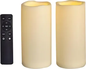CANDLE CHOICE Large Waterproof Outdoor Battery Operated Flameless Candles Remote Timer Big Ivory Plastic Bright Flickering Electric LED Pillars Lantern Patio Garden Wedding Decoration 4”(D)x8”(H) 2PCS
