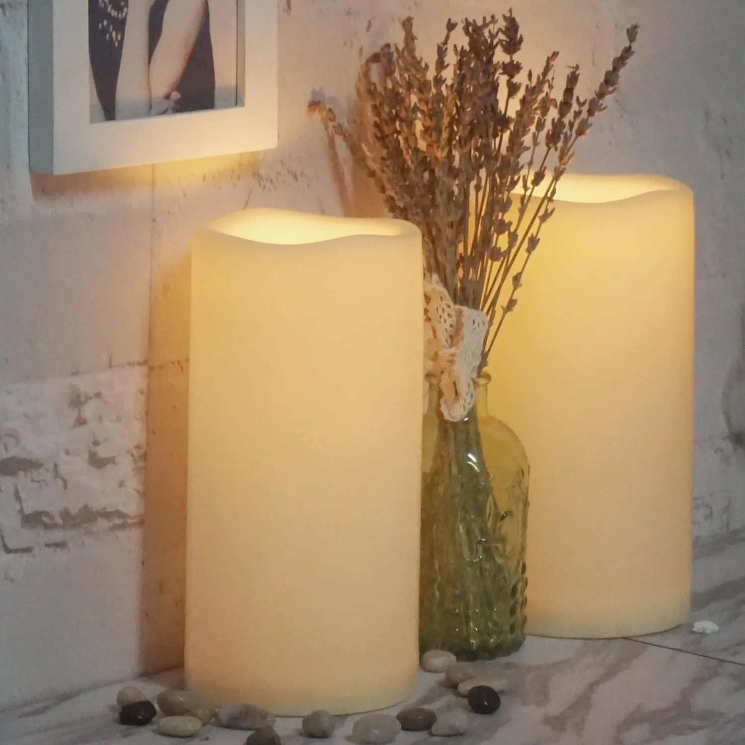 CANDLE CHOICE Large Waterproof Outdoor Battery Operated Flameless Candles Remote Timer Big Ivory Plastic Bright Flickering Electric LED Pillars Lantern Patio Garden Wedding Decoration 4”(D)x8”(H) 2PCS