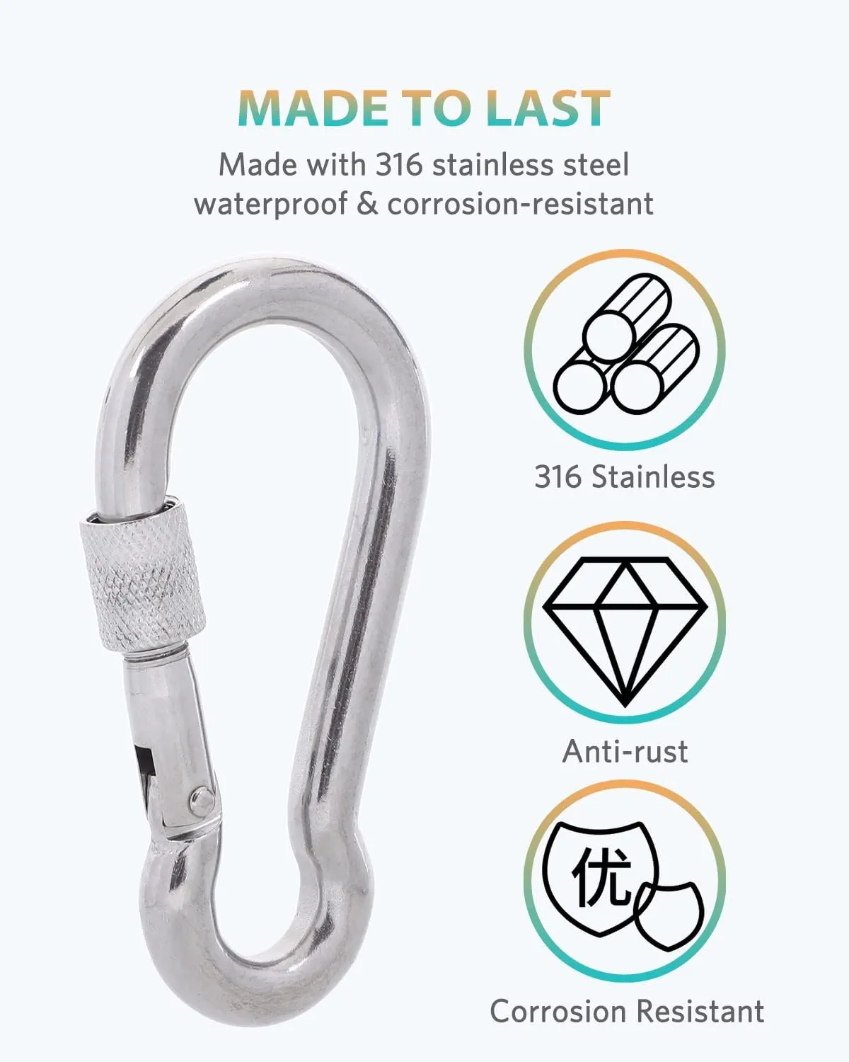 Carabiner Clips, 316 Stainless Steel Carabiner Clip, Heavy Duty Carabiner Hooks, Keychain Carabiners, Multi-Purpose Spring Snap Hook for Dog Leash, Outdoor Camping, Swing, Hammock
