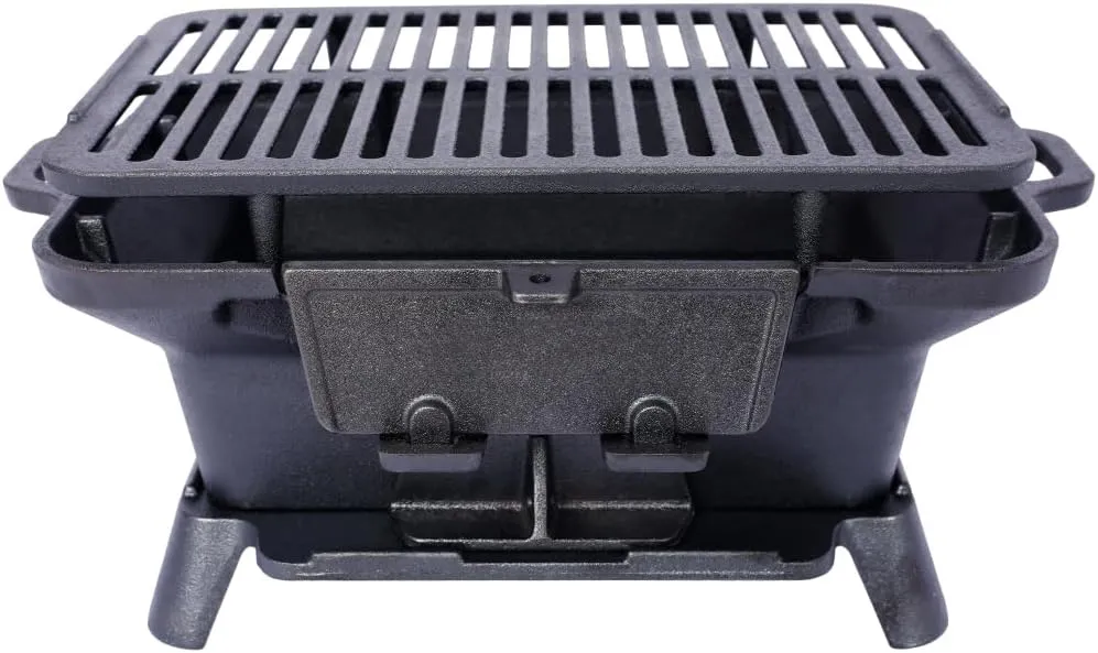 Cast Iron Hibachi Grill & Tabletop Skillet, Oval Charcoal Grill, Small Portable Outdoor Cooking Station for Camping, Backyard, Picnic (Black B)