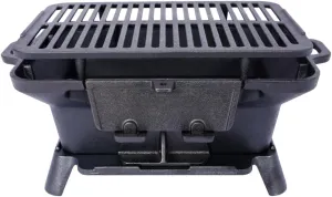 Cast Iron Hibachi Grill & Tabletop Skillet, Oval Charcoal Grill, Small Portable Outdoor Cooking Station for Camping, Backyard, Picnic (Black B)