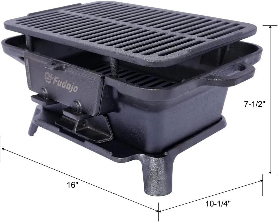 Cast Iron Hibachi Grill – Portable Charcoal BBQ for Outdoor Cooking, Durable Tabletop Skillet, Compact Camping Charcoal Cooker for Tailgating, Picnics & Hunting (Rectangle)