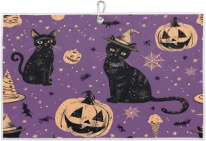 Cat Pumpkin Halloween Golf Towel with Heavy Duty Carabiner Clip Quick Dry Ultra Absorbent Club Ball Cleaning Towel Golf Accessories for Men Women