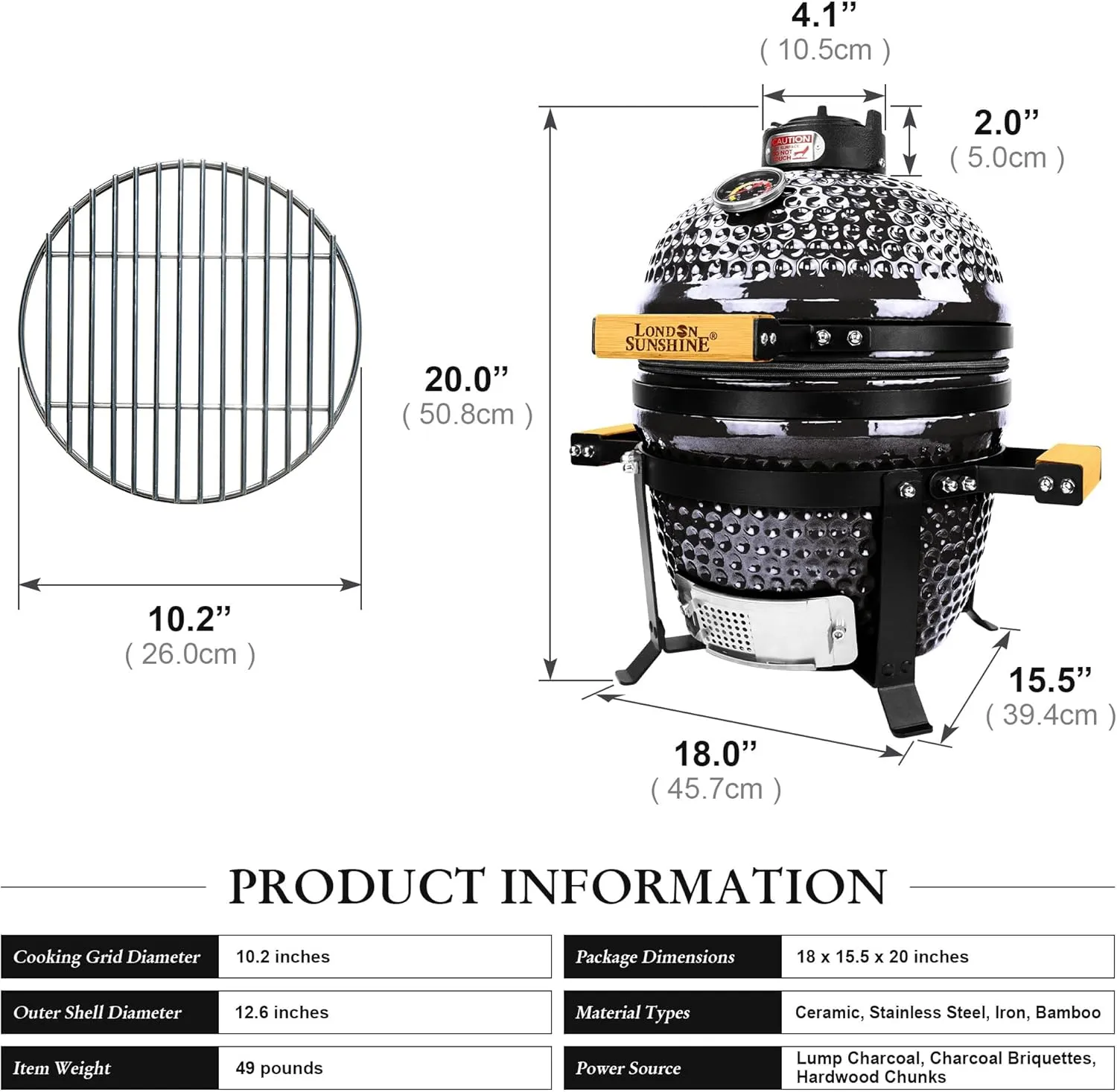 Ceramic BBQ Charcoal Kamado Grill 13 inch Portable Tabletop BBQ Bright Gray